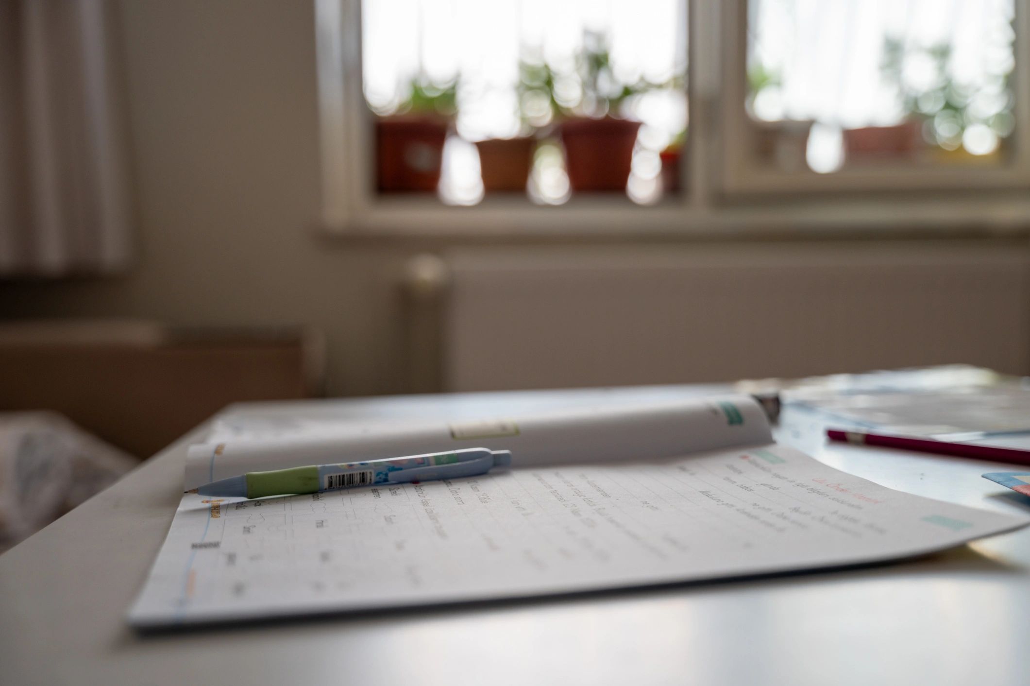 Open notebook and pen on a sunlit writing desk